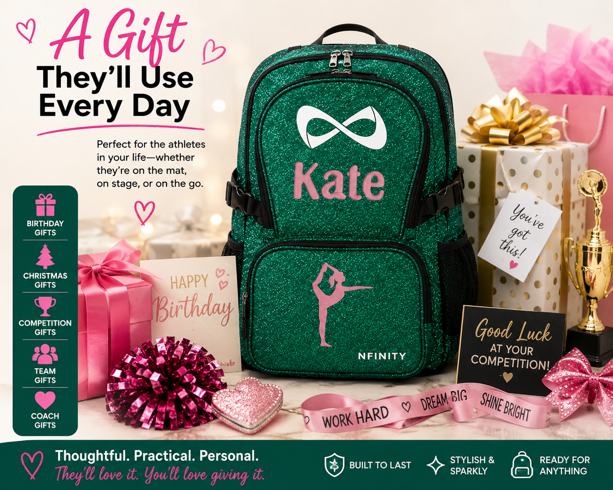 Personalized Emerald Green Nfinity Sparkle Backpack | Custom Embroidered Cheer, Dance & Gymnastics Competition Bag
