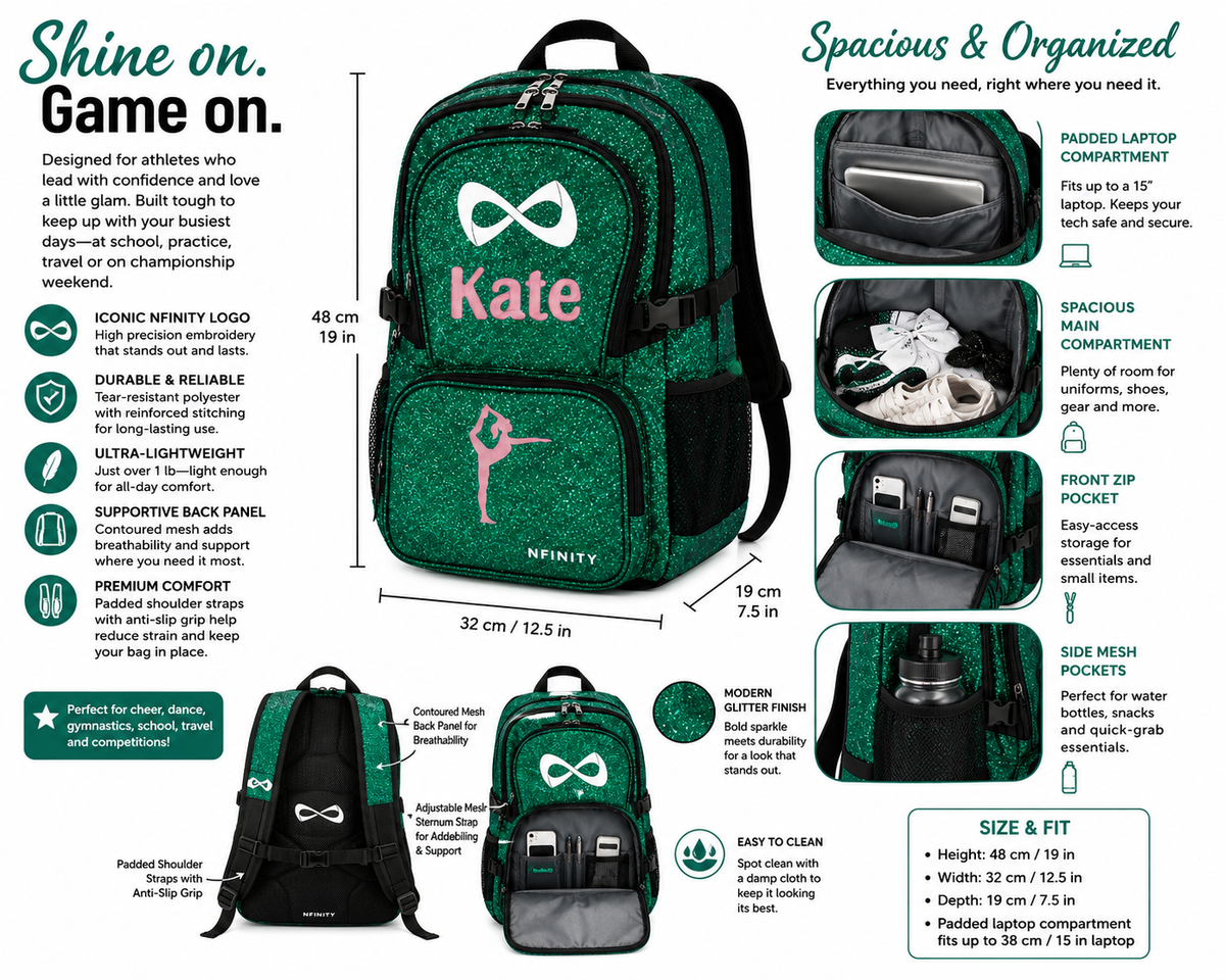 Personalized Emerald Green Nfinity Sparkle Backpack | Custom Embroidered Cheer, Dance & Gymnastics Competition Bag