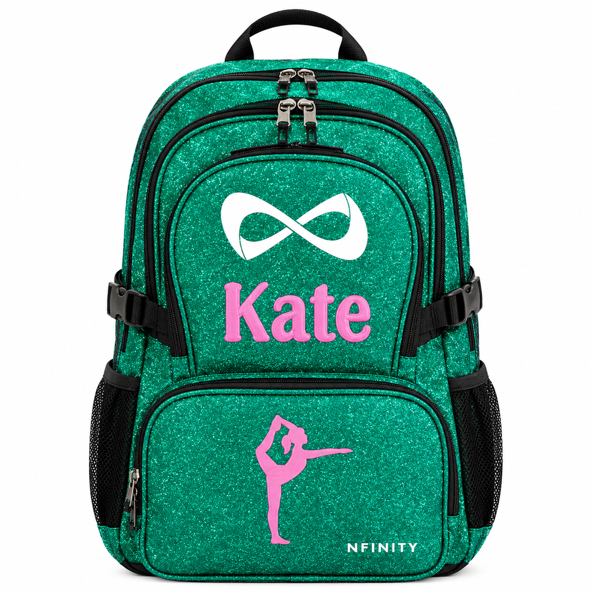 Personalized Emerald Green Nfinity Sparkle Backpack | Custom Embroidered Cheer, Dance & Gymnastics Competition Bag