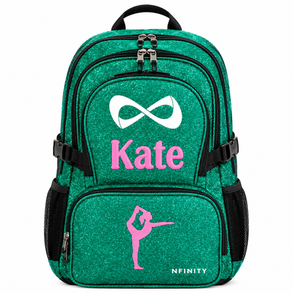 Personalized Emerald Green Nfinity Sparkle Backpack | Custom Embroidered Cheer, Dance & Gymnastics Competition Bag