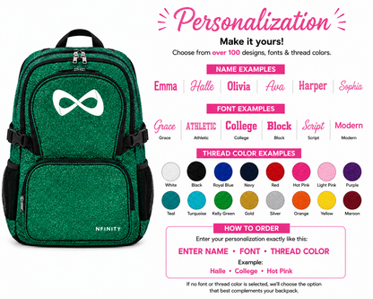 Personalized Emerald Green Nfinity Sparkle Backpack | Custom Embroidered Cheer, Dance & Gymnastics Competition Bag