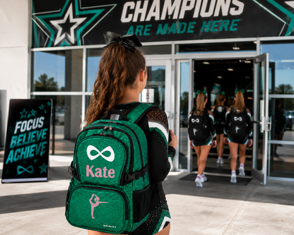 Personalized Emerald Green Nfinity Sparkle Backpack | Custom Embroidered Cheer, Dance & Gymnastics Competition Bag