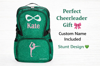 Custom Green Glitter Cheer Backpack – Personalized Nfinity Bag with Name, Cheerleader Design, Dance & Sports School Backpack