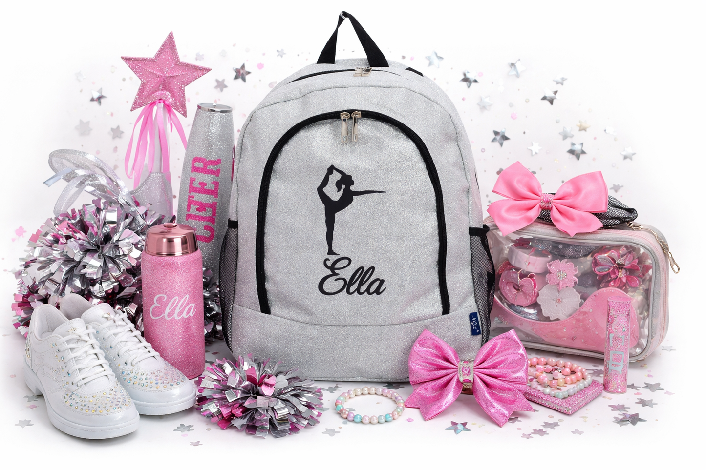 Personalized Cheer Backpack – Silver Glitter Cheer Bag with Name (Heel Stretch Pose Design)