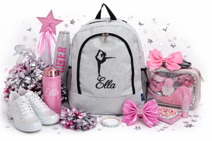 Personalized Cheer Backpack – Silver Glitter Cheer Bag with Name (Heel Stretch Pose Design)