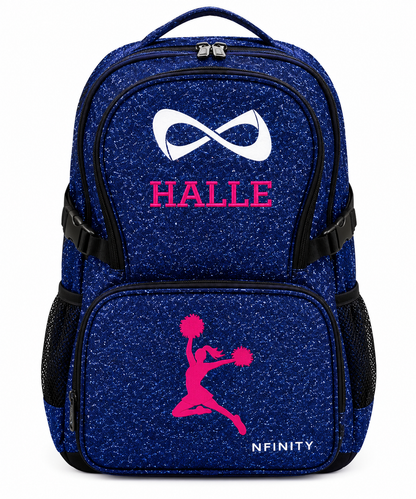 Personalized Royal Blue Nfinity Sparkle Backpack | Custom Embroidered Cheer, Dance & Gymnastics Competition Bag