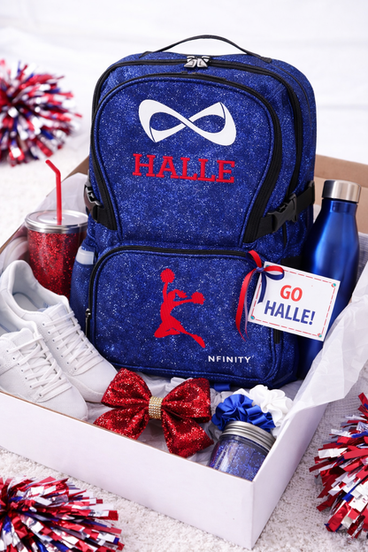 Custom Blue Glitter Cheer Backpack – Personalized Nfinity Bag with Name & Cheer Design, Dance & Sports Backpack