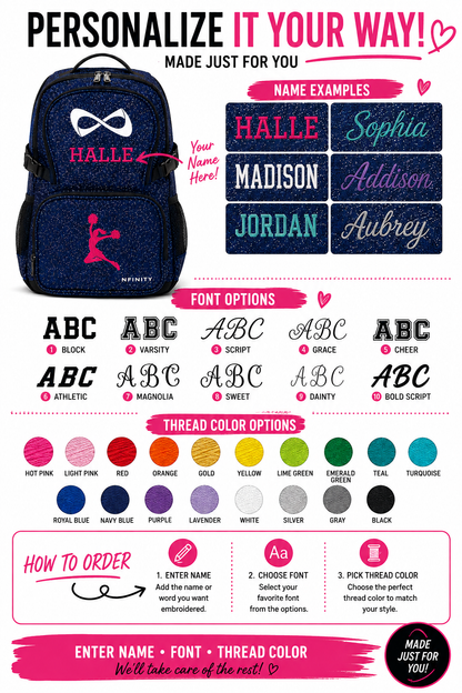 Personalized Royal Blue Nfinity Sparkle Backpack | Custom Embroidered Cheer, Dance & Gymnastics Competition Bag