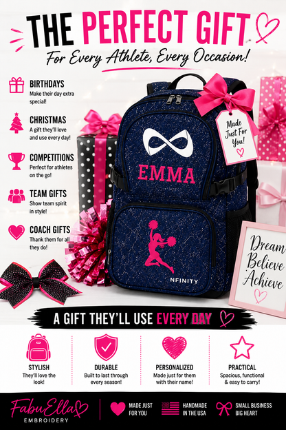 Personalized Royal Blue Nfinity Sparkle Backpack | Custom Embroidered Cheer, Dance & Gymnastics Competition Bag