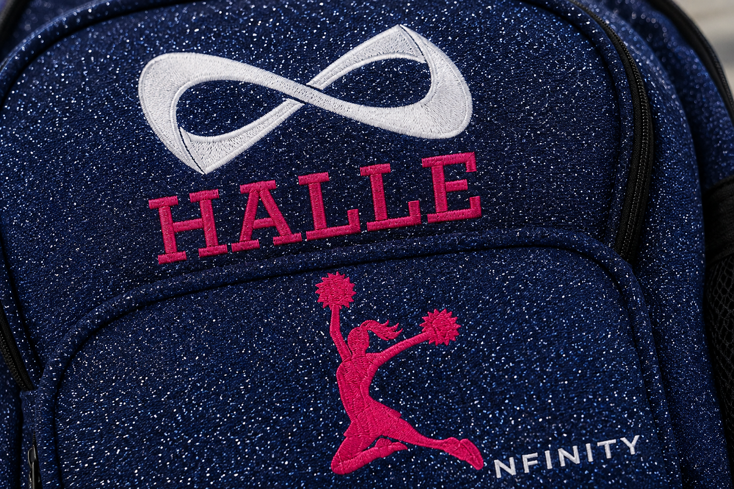 Personalized Royal Blue Nfinity Sparkle Backpack | Custom Embroidered Cheer, Dance & Gymnastics Competition Bag