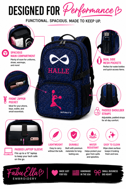 Personalized Royal Blue Nfinity Sparkle Backpack | Custom Embroidered Cheer, Dance & Gymnastics Competition Bag