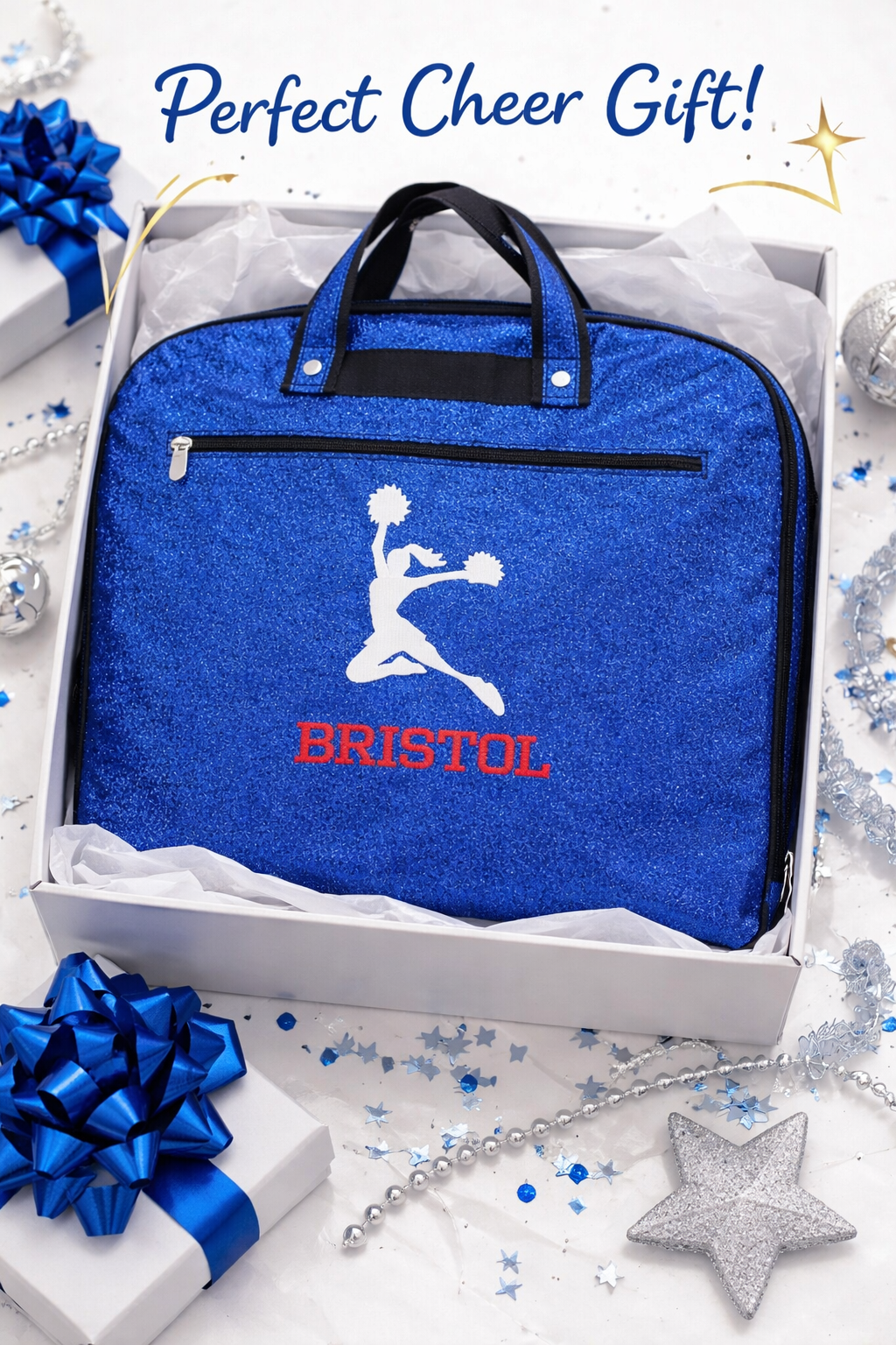 Personalized Royal Blue Glitter Cheer Garment Bag – Custom Cheerleader Uniform Travel Bag