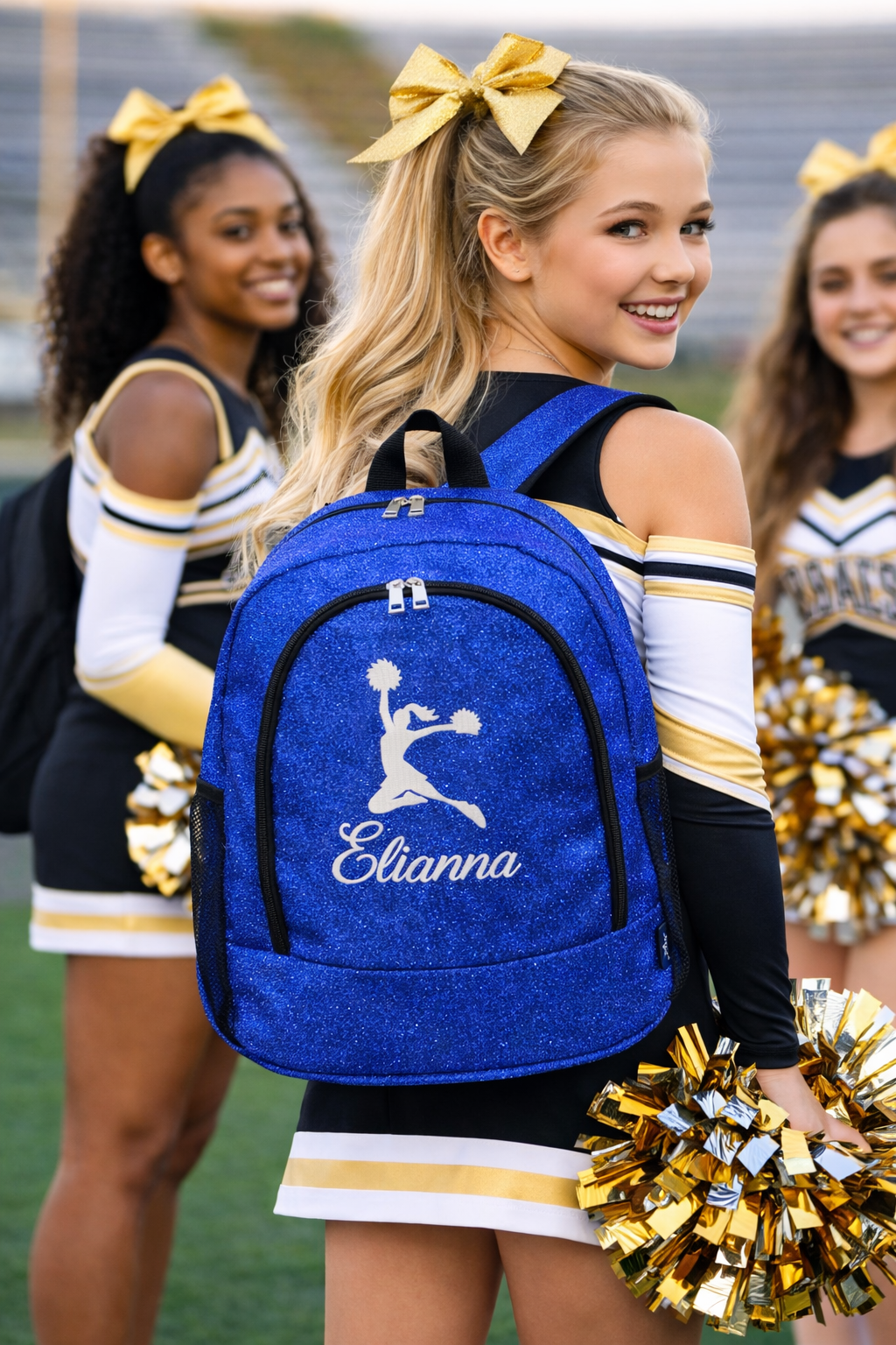 Personalized Cheer Backpack – Royal Blue Glitter Cheerleading Bag with Name (Jump Pose Design)