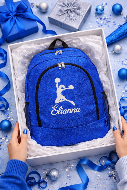 Personalized Cheer Backpack – Royal Blue Glitter Cheerleading Bag with Name (Jump Pose Design)