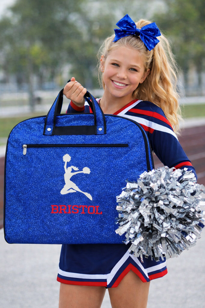 Personalized Royal Blue Glitter Cheer Garment Bag – Custom Cheerleader Uniform Travel Bag