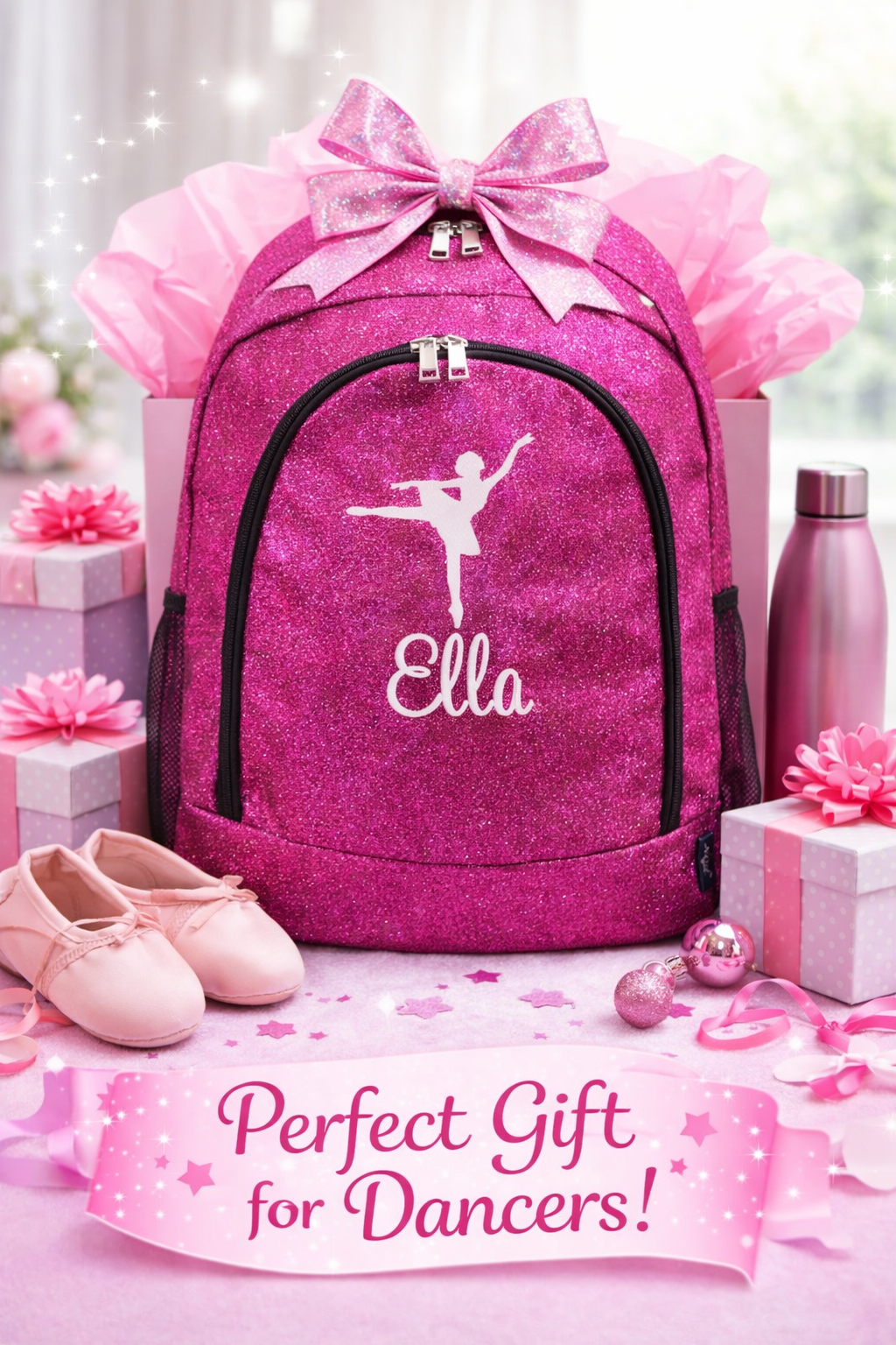 Personalized Dance Backpack – Hot Pink Glitter Dance Bag with Name (Arabesque Pose Design)