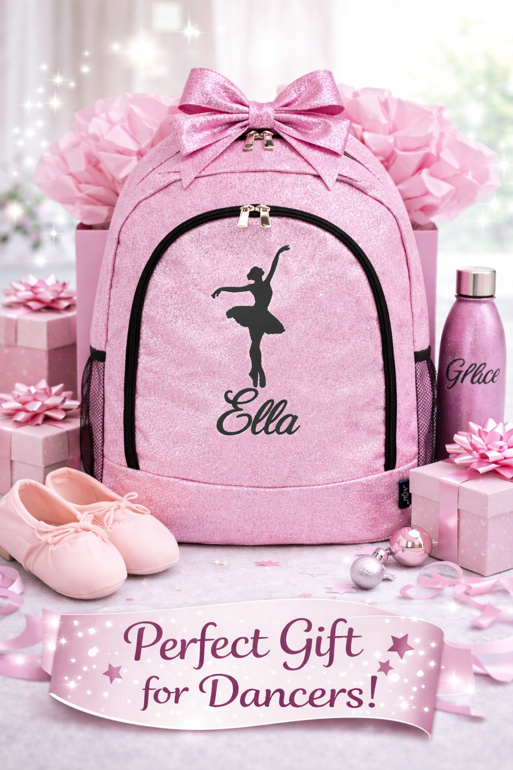 Personalized Dance Backpack – Pink Glitter Dance Bag with Name (Ballet Pose Silhouette Design)