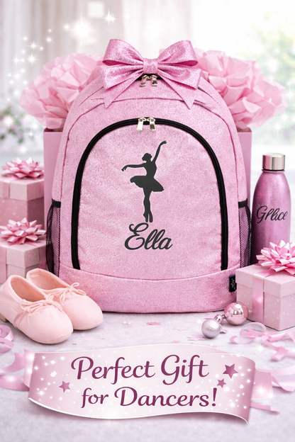 Personalized Dance Backpack – Pink Glitter Dance Bag with Name (Ballet Pose Silhouette Design)