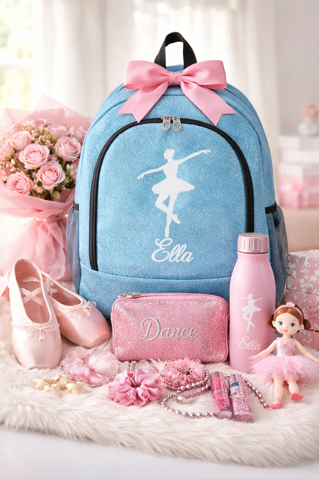 Personalized Dance Backpack – Turquoise Glitter Dance Bag with Name (Ballet Pose Design)