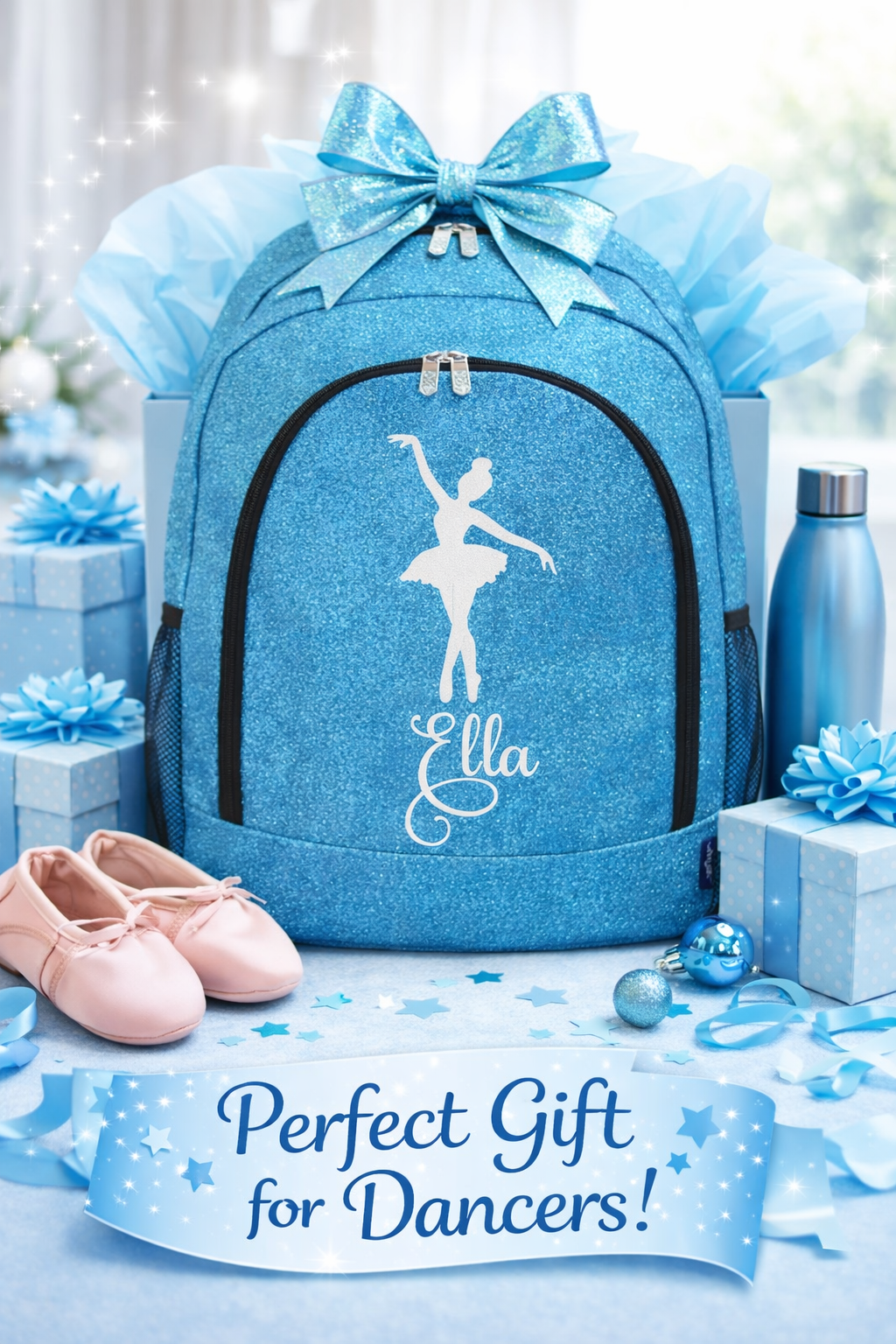 Personalized Dance Backpack – Turquoise Glitter Dance Bag with Name (Ballerina Pose Design)