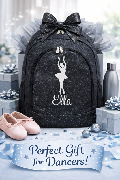 Personalized Dance Backpack – Black Glitter Dance Bag with Name (Ballet Silhouette Design)