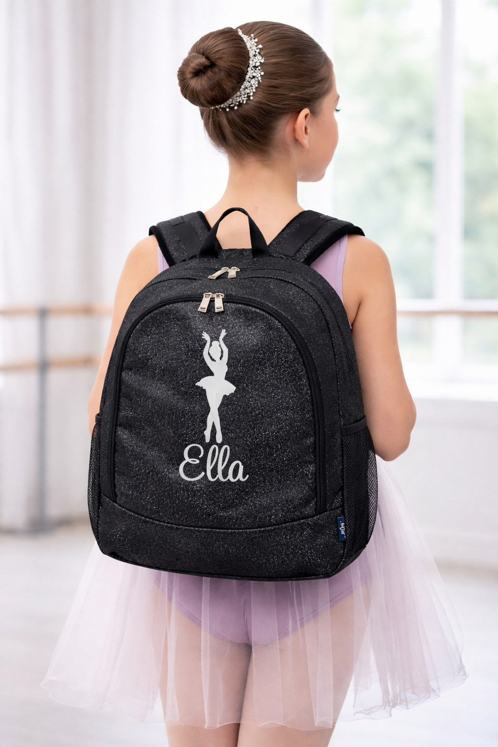 Personalized Dance Backpack – Black Glitter Dance Bag with Name (Ballet Silhouette Design)