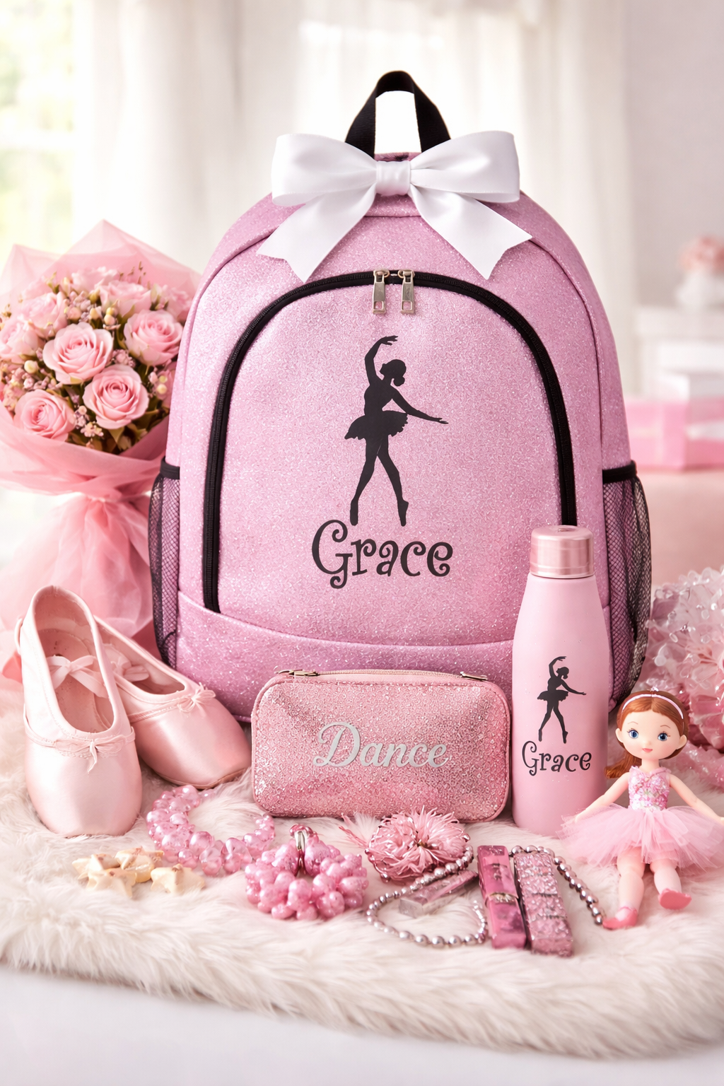 Personalized Dance Backpack – Pink Glitter Dance Bag with Name (Ballet Dancer Silhouette Design)