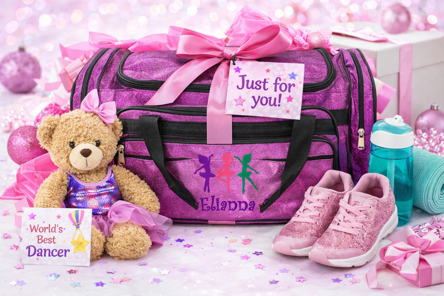 Personalized Pink Dance Duffle Bag – Custom Name Ballet & Gymnastics Glitter Gear Bag