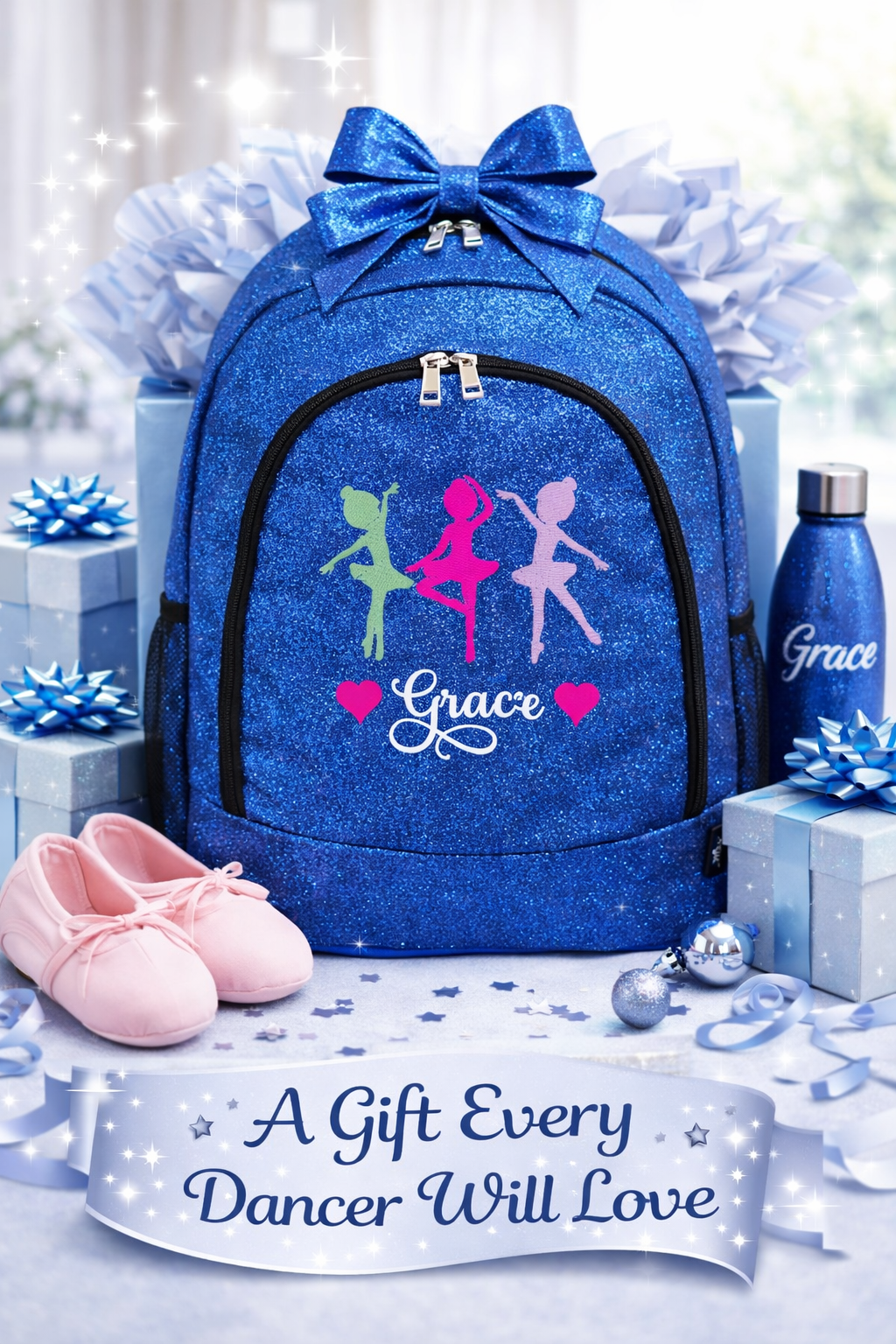Personalized Dance Backpack – Royal Blue Glitter Dance Bag with Name (Triple Ballerina Design)