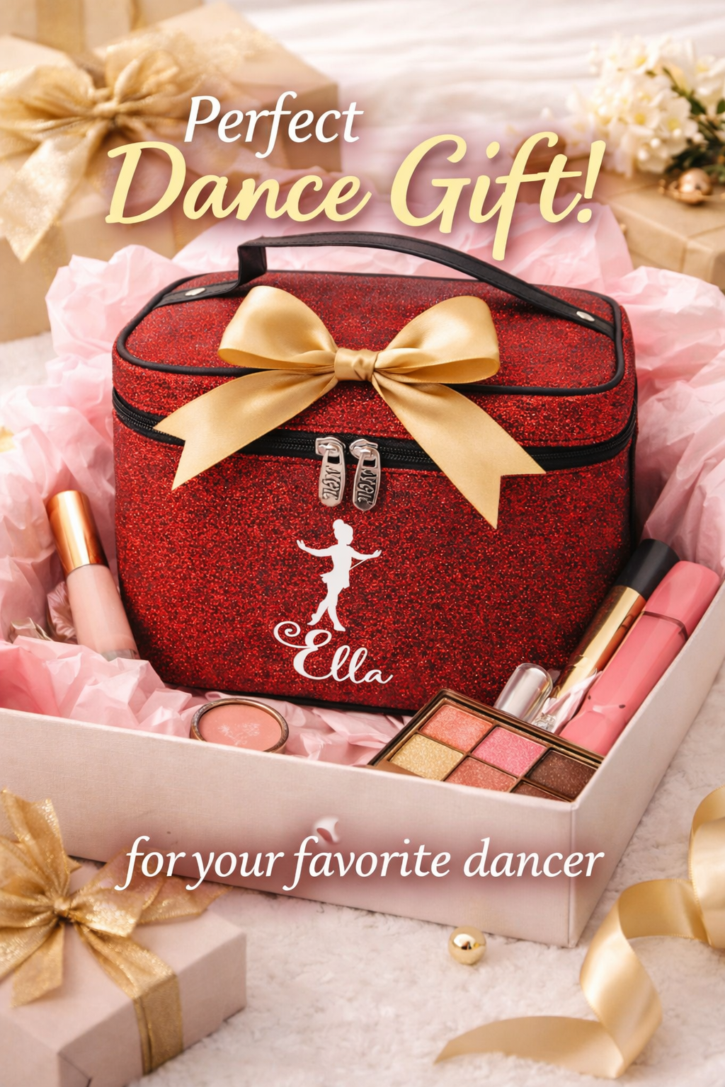 Red Glitter Dancer Cosmetic Case – Personalized Dance Makeup Bag Travel Train Case