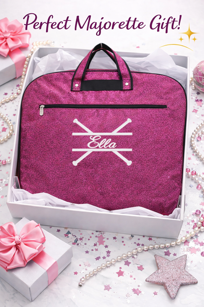Personalized Pink Glitter Majorette Garment Bag – Custom Baton Twirler Travel Bag