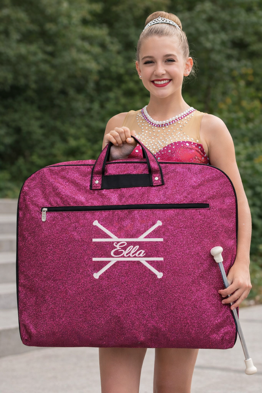 Personalized Pink Glitter Majorette Garment Bag – Custom Baton Twirler Travel Bag