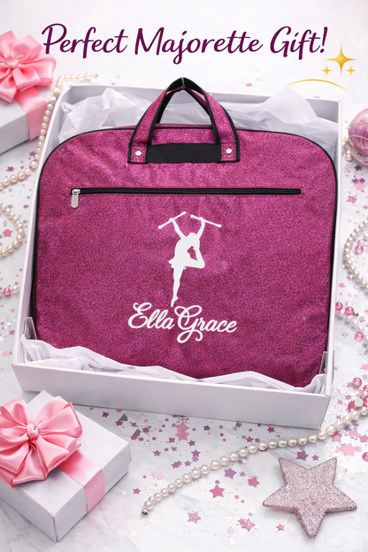 Personalized Pink Glitter Majorette Garment Bag – Custom Baton Twirler Uniform Travel Bag