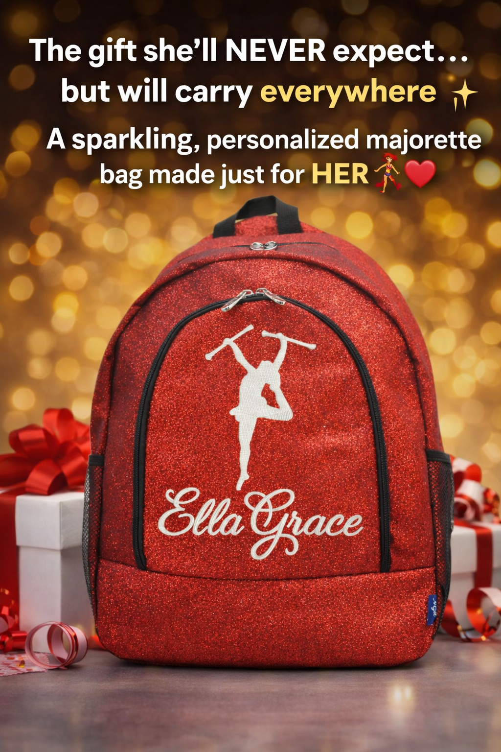 Personalized Majorette Backpack – Red Glitter Baton Twirling Bag with Name