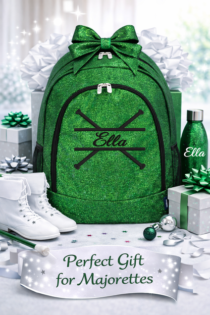 Personalized Majorette Backpack – Green Glitter Baton Twirling Bag with Name (Crossed Baton Design)