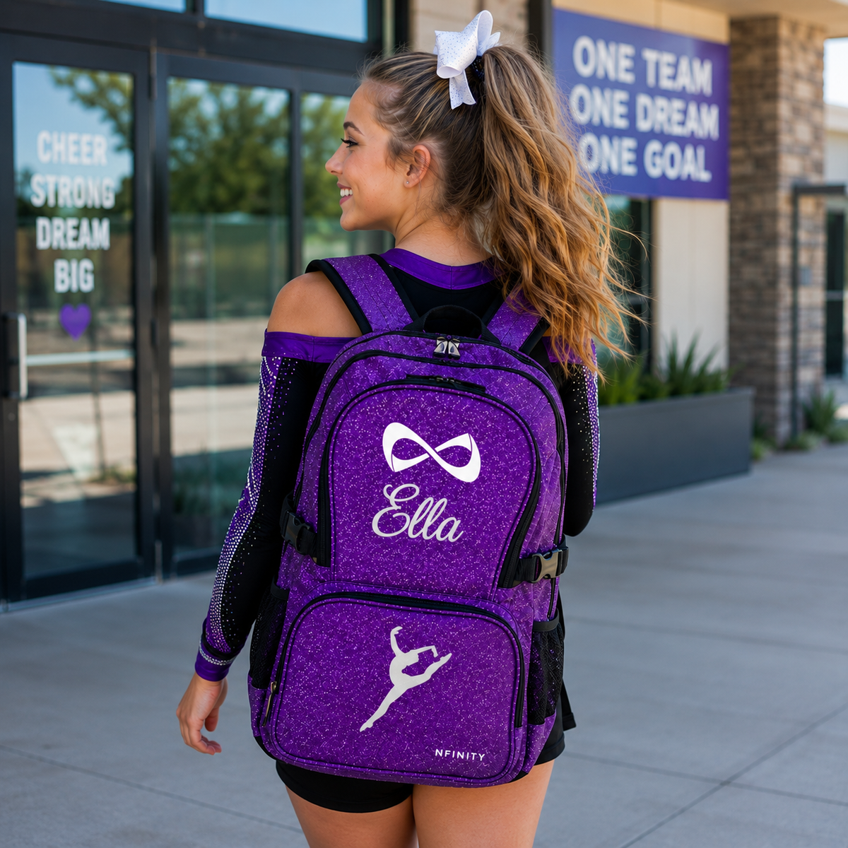 Lifestyle: Teen cheerleader carrying a personalized purple glitter backpack to cheer practice or competition.