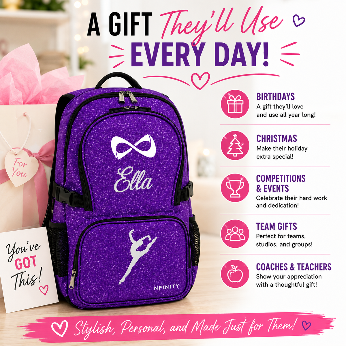 Personalized glitter cheer backpack gift idea for birthdays, Christmas, competitions, teams and coaches.