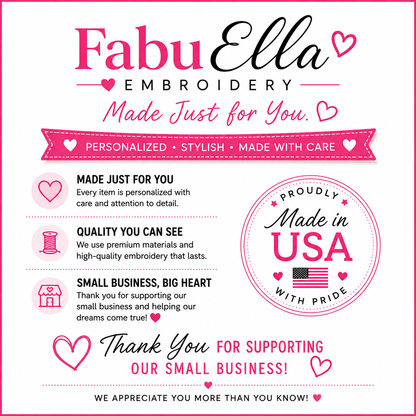 FabuElla Embroidery small business branding and custom embroidery information.