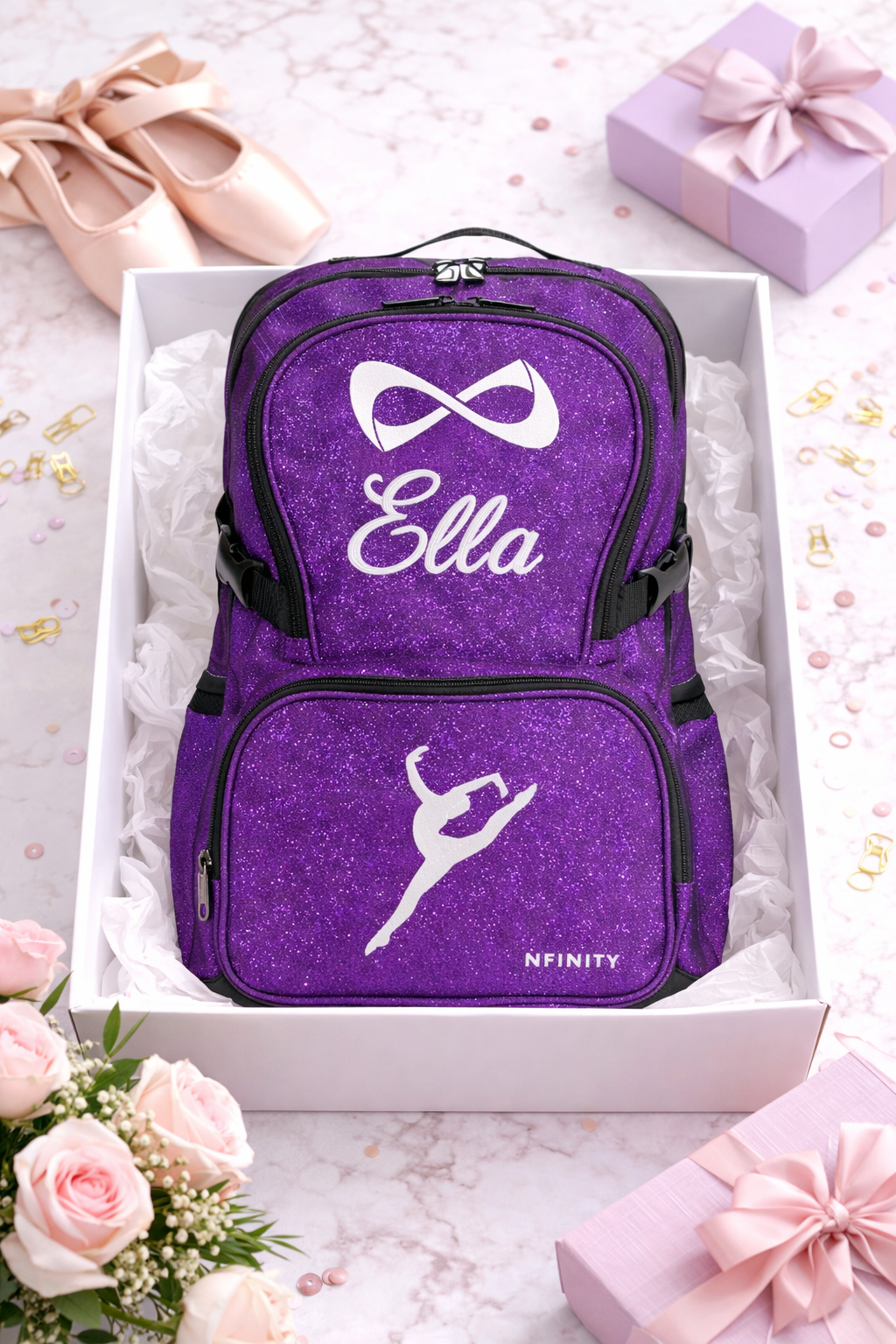 Personalized Purple Nfinity Glitter Dance Backpack – Custom Embroidered Dance Bag