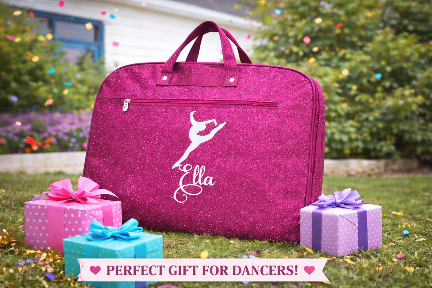 Personalized Pink Glitter Dance Garment Bag – Custom Name Leaping Dancer Bag for Dance Competitions & Recitals