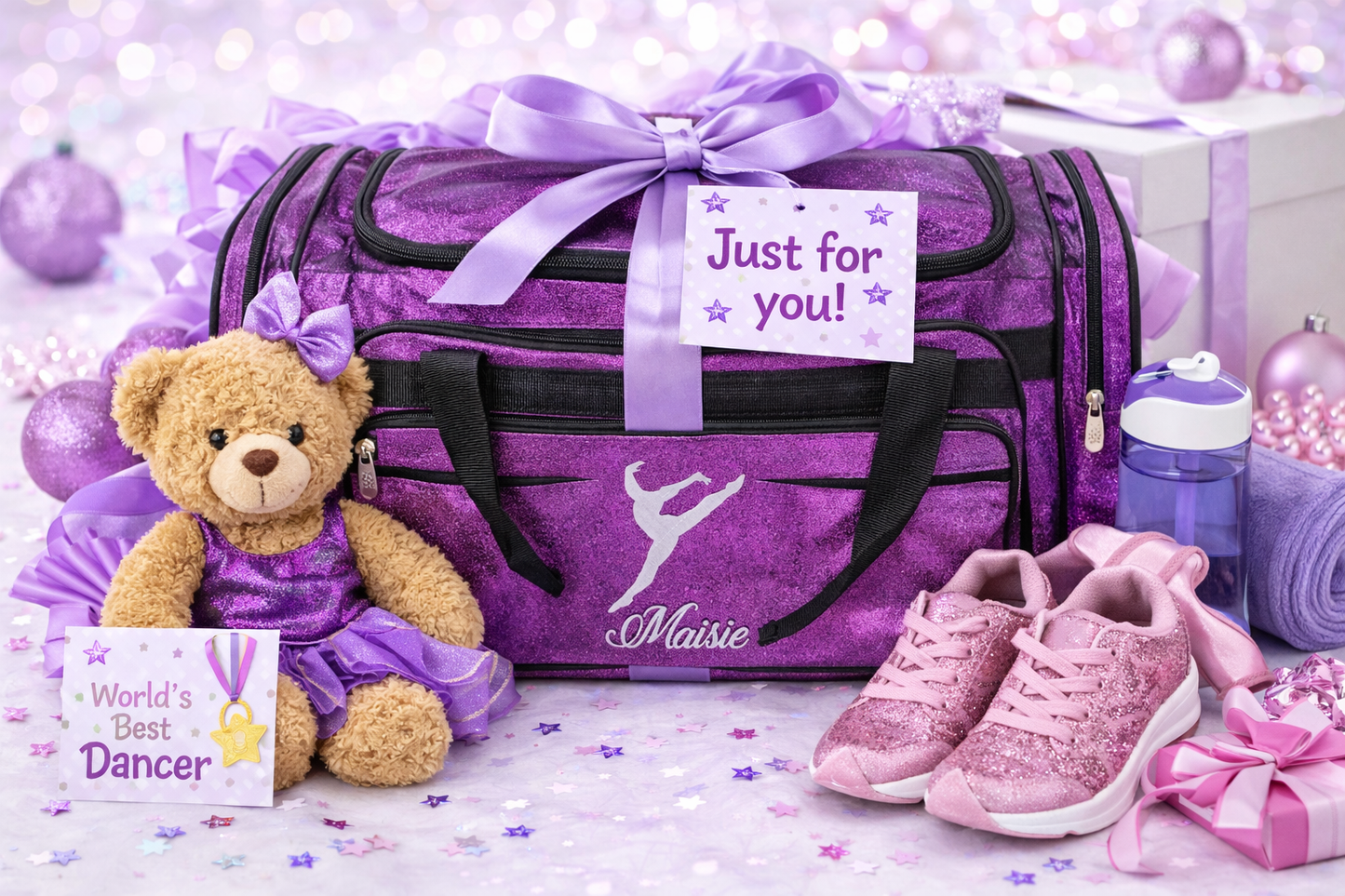 Personalized Purple Dance Duffle Bag – Custom Name Glitter Ballet & Dance Gear Bag