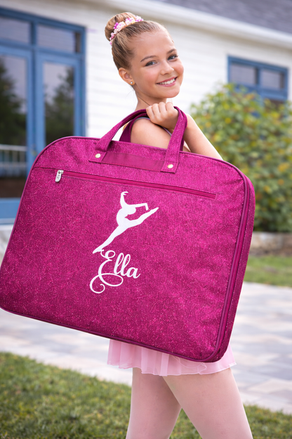 Personalized Pink Glitter Dance Garment Bag – Custom Name Leaping Dancer Bag for Dance Competitions & Recitals