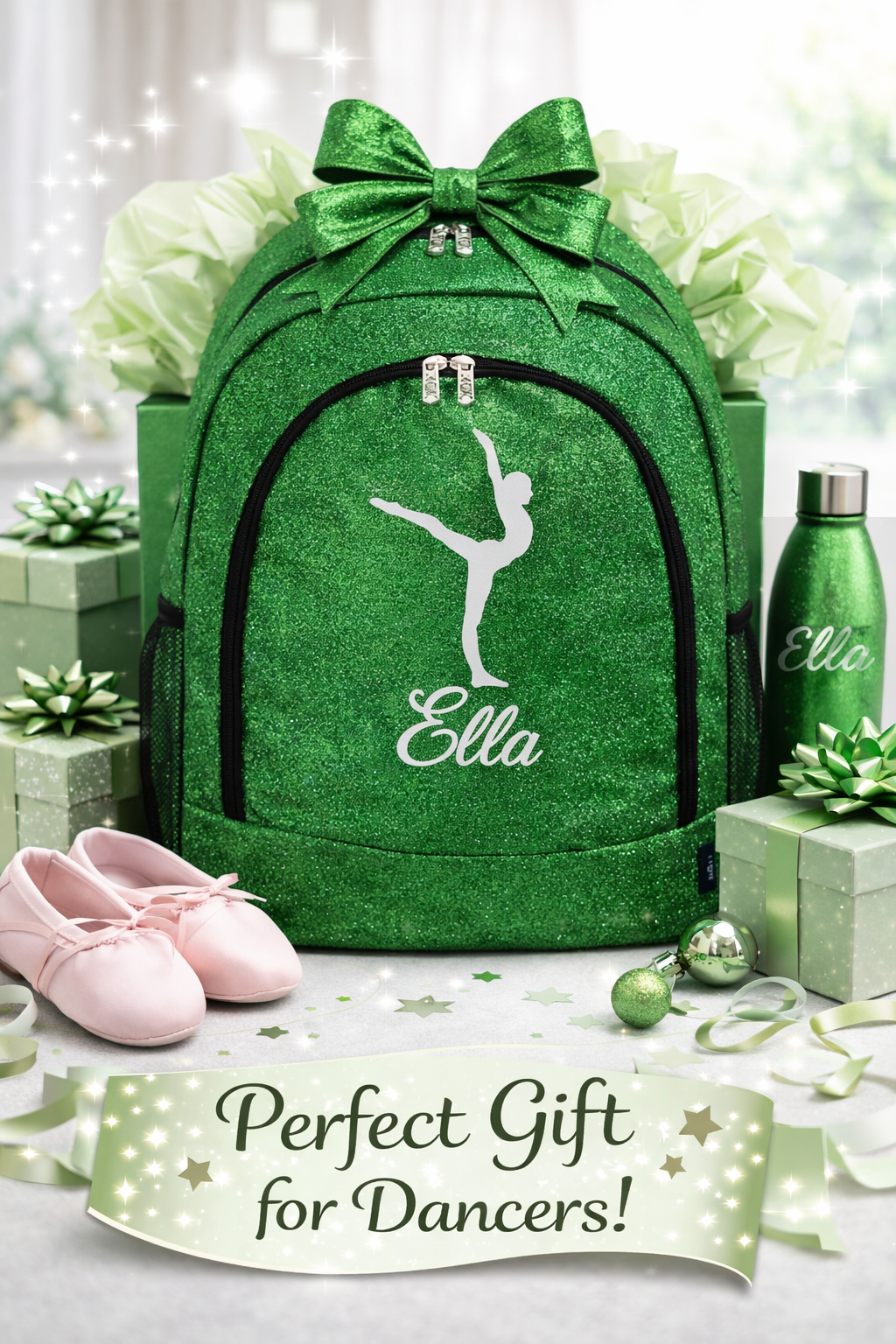 Personalized Dance Backpack – Green Glitter Dance Bag with Name (Arabesque Pose Design)