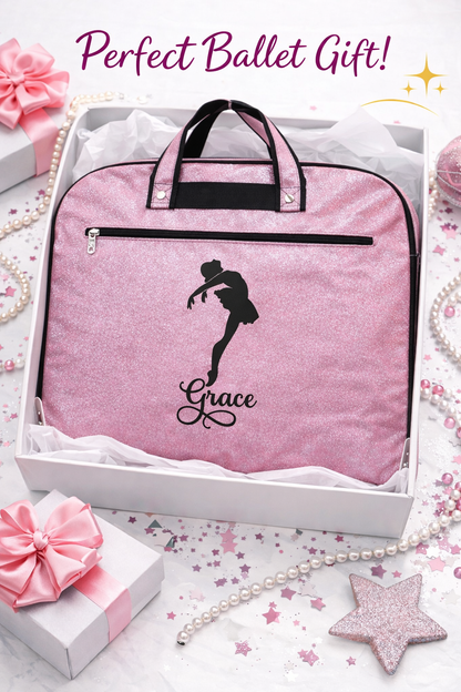 Personalized Pink Glitter Ballet Garment Bag – Custom Dancer Costume Travel Bag