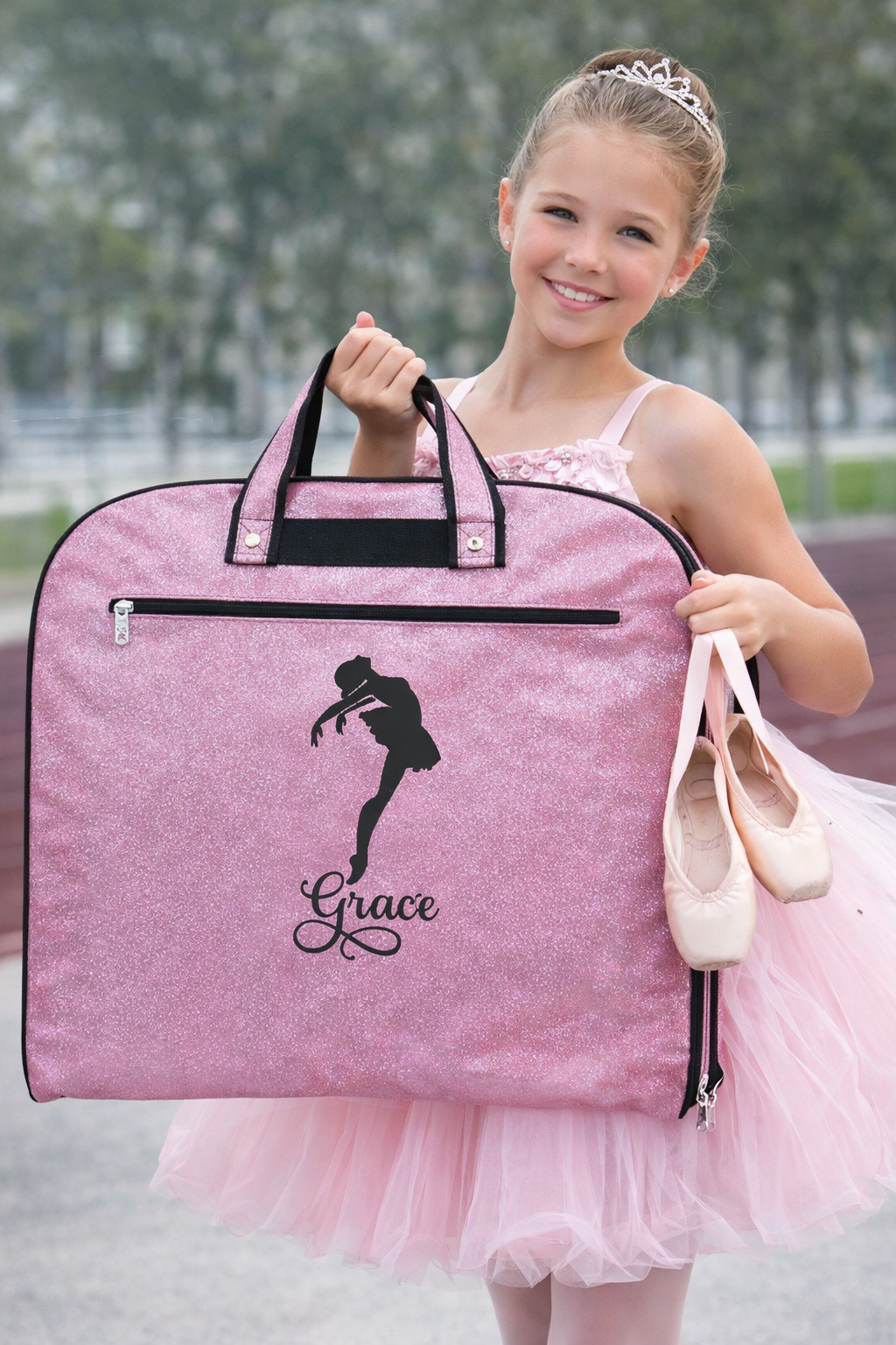 Personalized Pink Glitter Ballet Garment Bag – Custom Dancer Costume Travel Bag