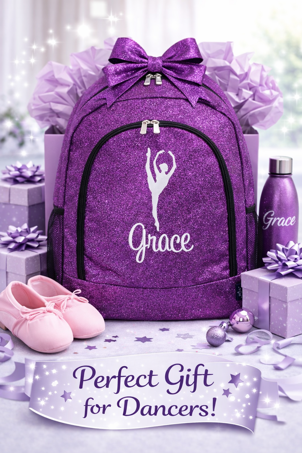 Personalized Dance Backpack – Purple Glitter Dance Bag with Name (High Leg Hold Pose Design)