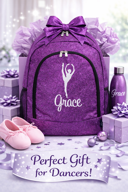 Personalized Dance Backpack – Purple Glitter Dance Bag with Name (High Leg Hold Pose Design)