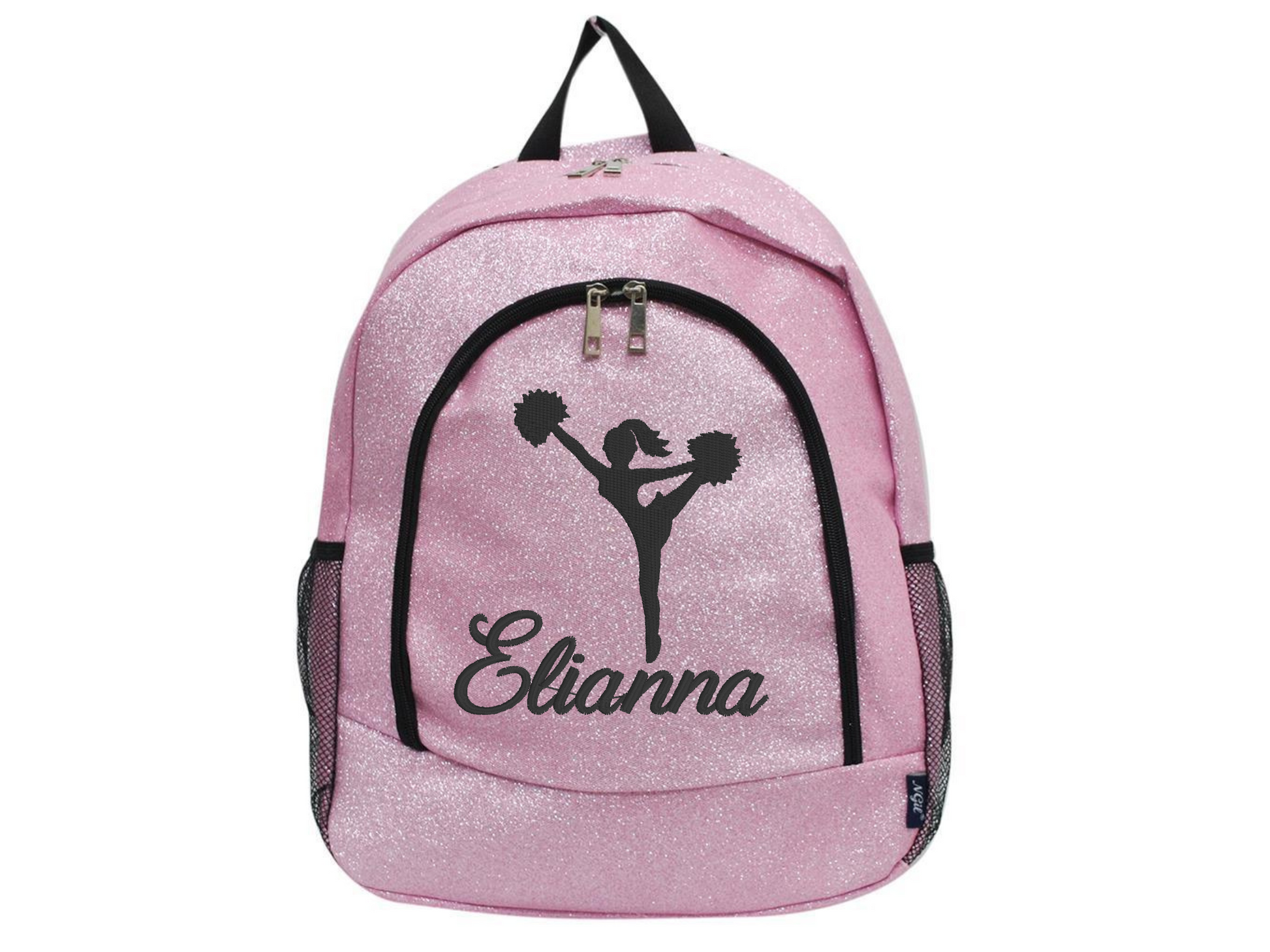 Pink glitter backpack with a high kick cheerleader silhouette and the name Elianna printed on the front