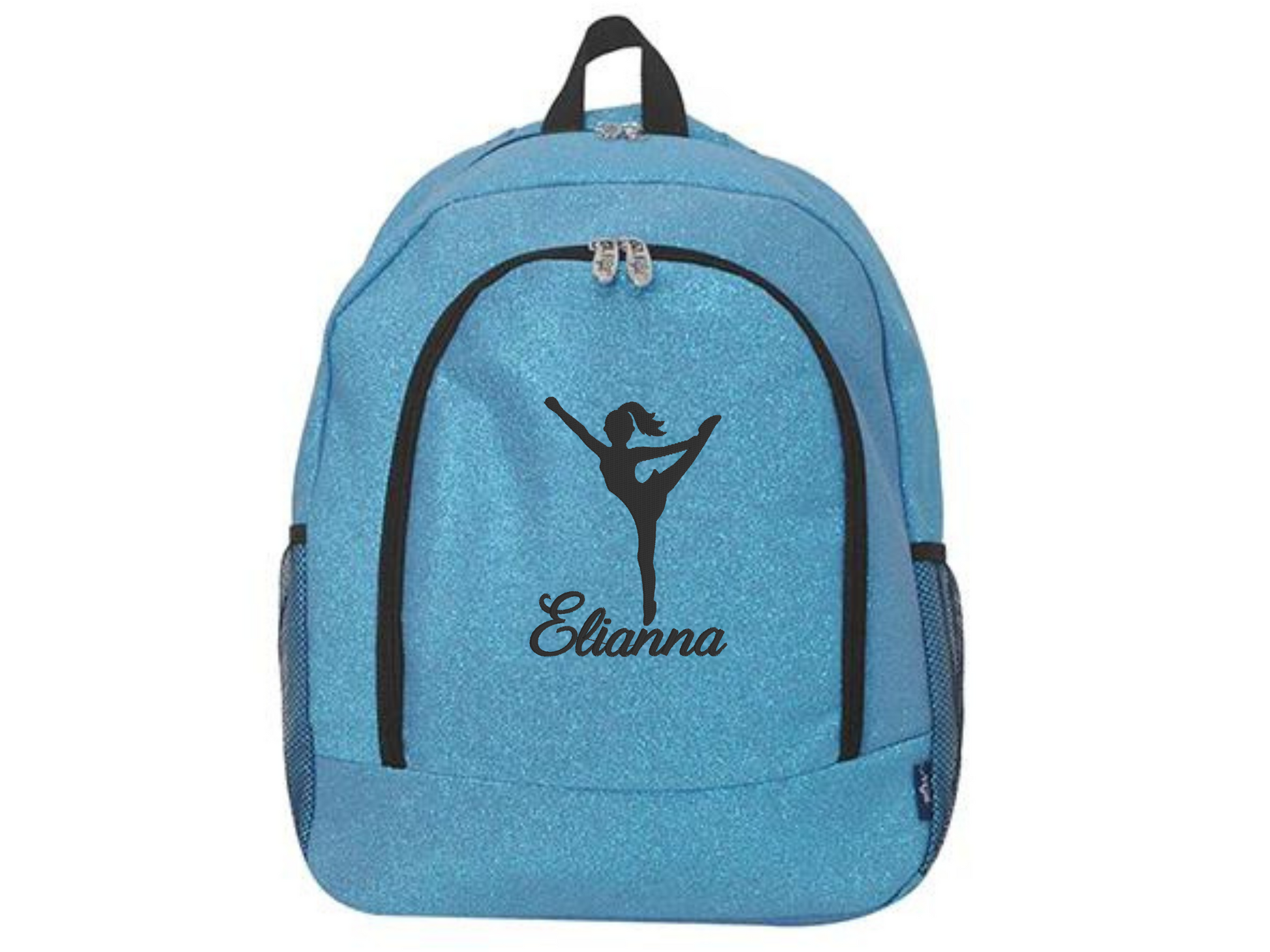 Turquoise glitter cheer backpack with black cheerleader silhouette and custom name “Elianna” on the front pocket