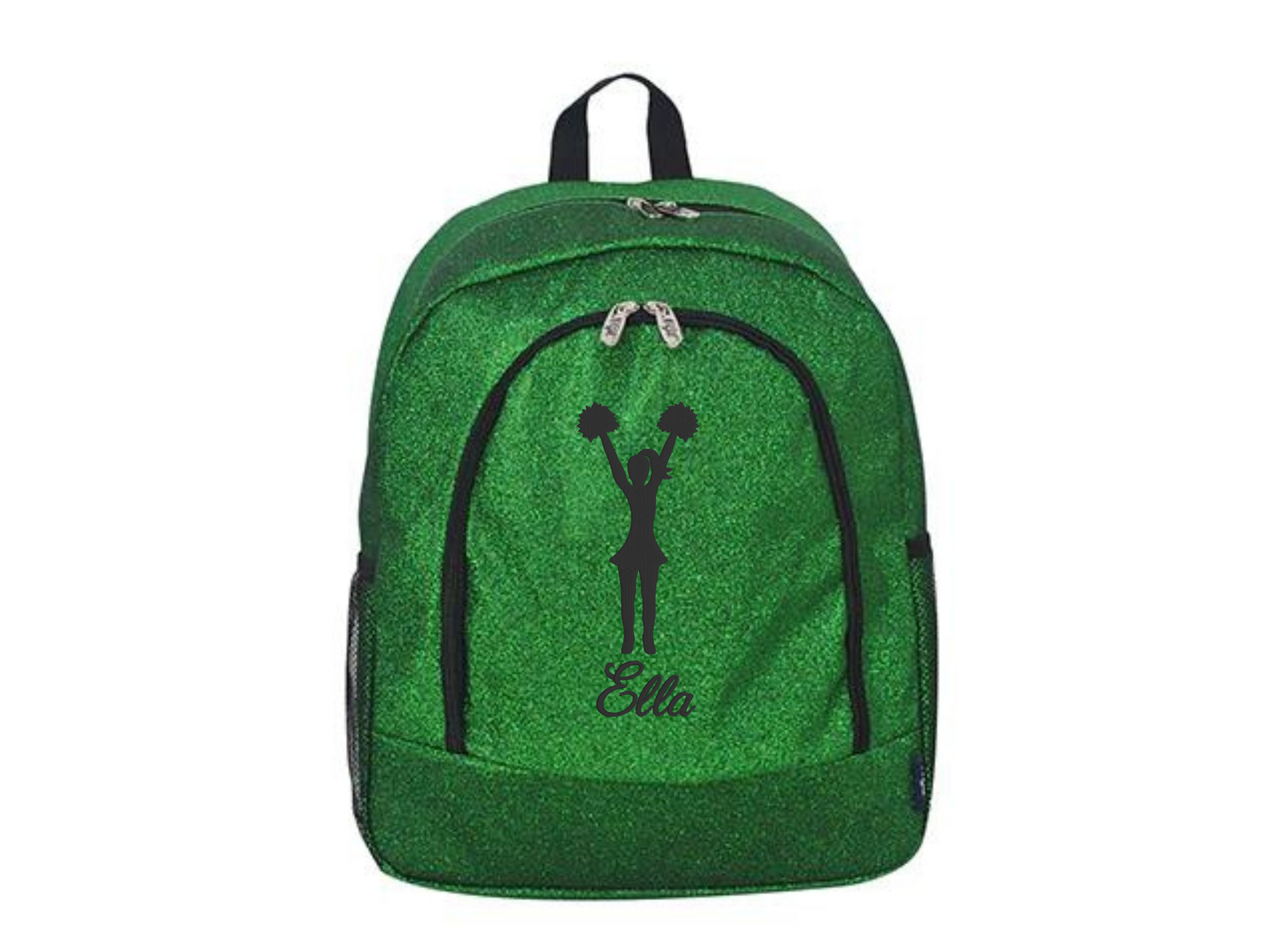 Green glitter backpack with black cheerleader silhouette holding pom poms and a custom name printed underneath